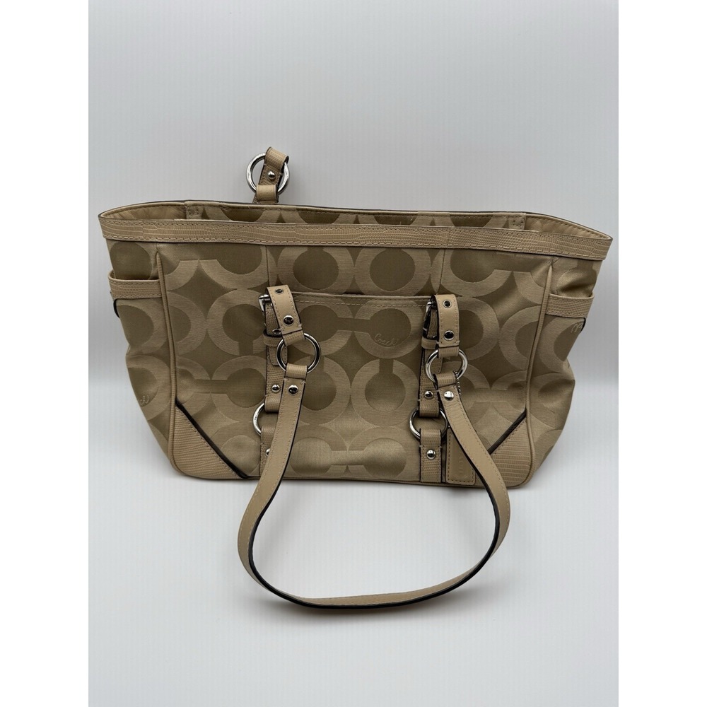 Coach Tote Bag Womens Medium Khaki Signature C Jacquard Leather Shoulder Bag